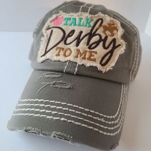 KBETHOS Vintage TALK DERBY TO ME Distressed Gray Hat.